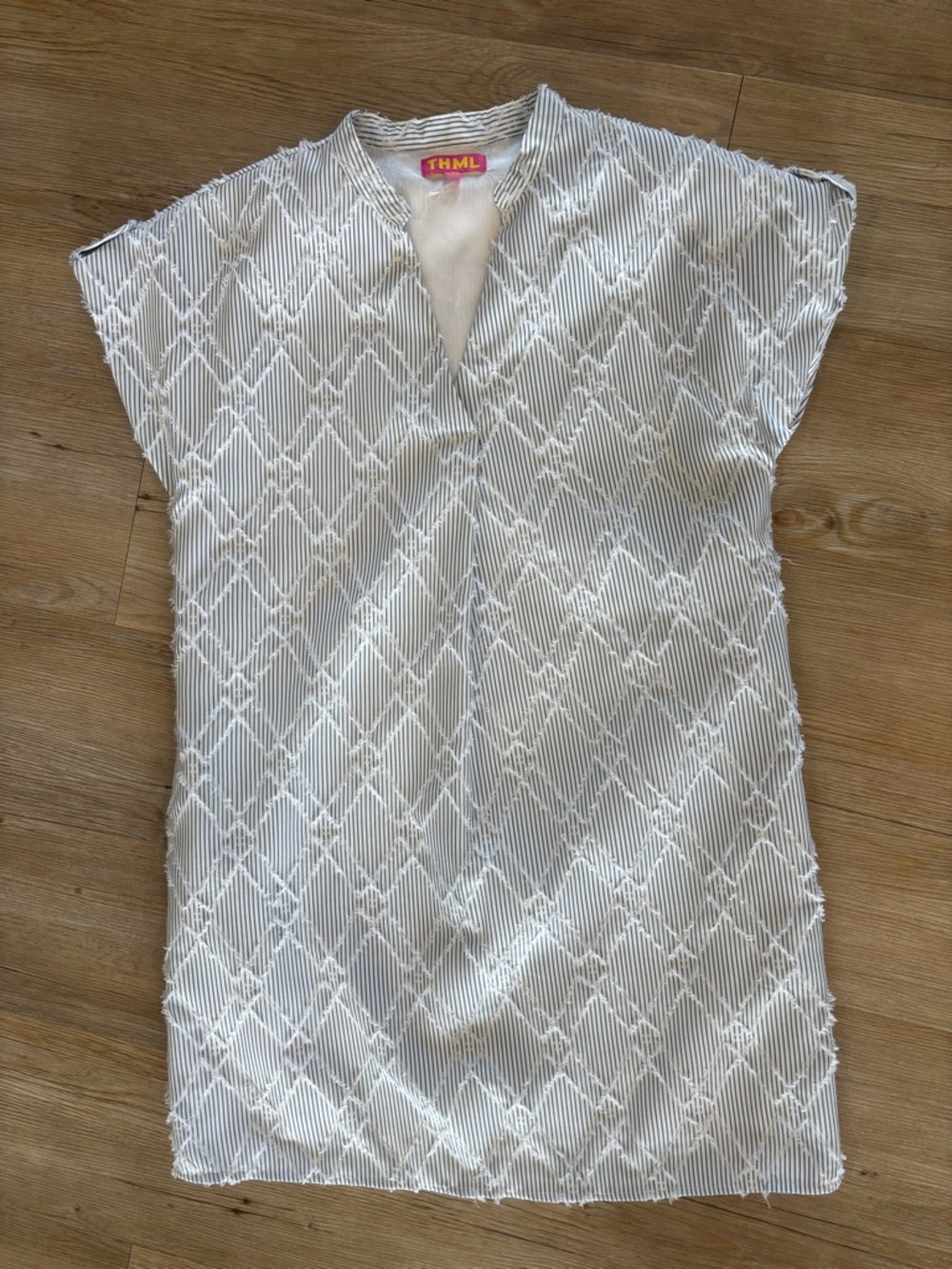 THML White Textured Dress with Navy Stripes